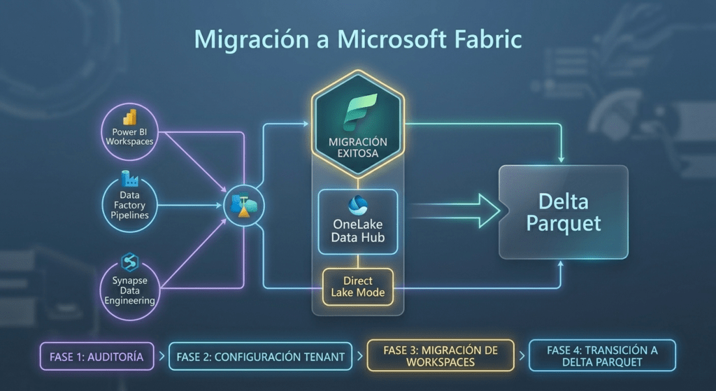 Esquema técnico de las fases de migración a Microsoft Fabric