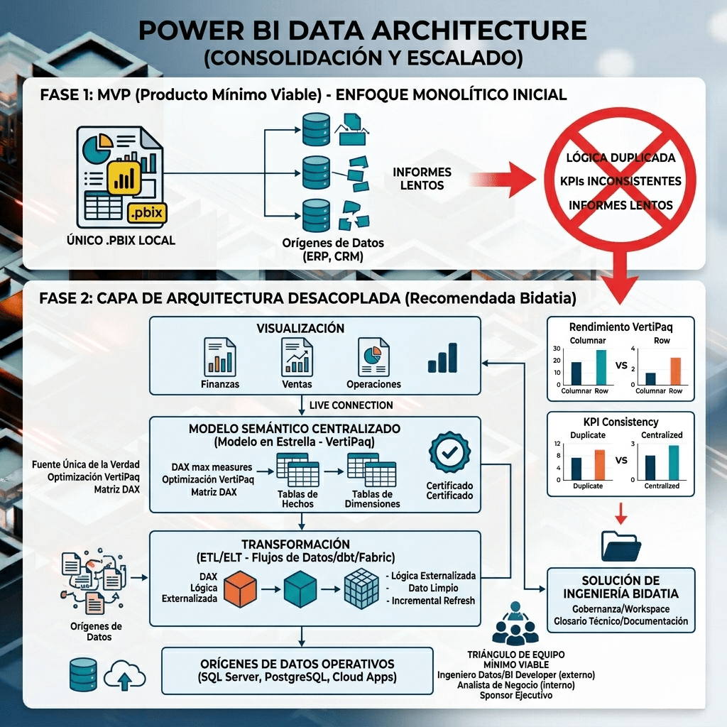 Diagrama de arquitectura de Power BI desacoplada y fases de desarrollo por Bidatia