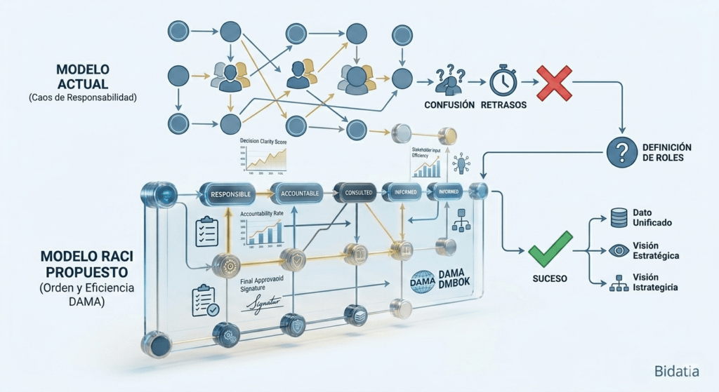 Diagrama comparativo de modelo operativo de datos con matriz RACI y DAMA DMBOK